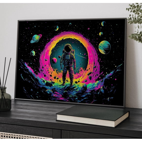 369 Prints Astronaut In Psychedelic Space Dust Floating Rocks And Planets Poster Modern Bright Vector Illustration, Retro Space Poster UNFRAMED, 8x12
