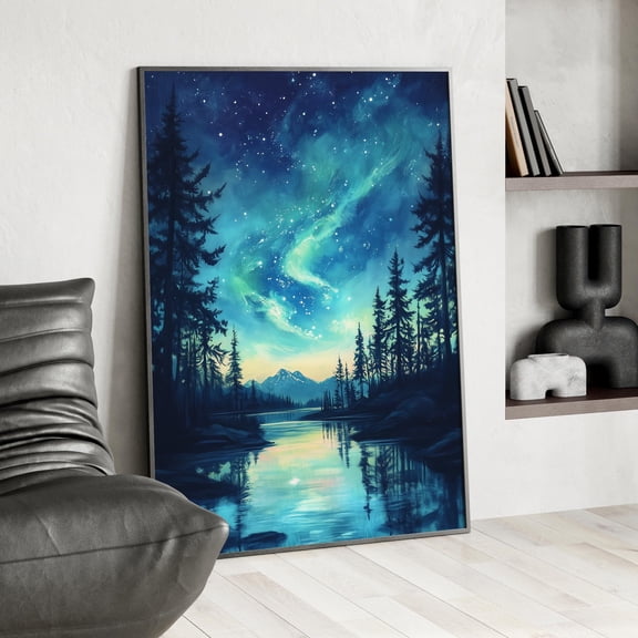 369 Prints Aurora Lights Ethereal Starry Night Sky Wall Art Poster Mountains And Illuminated Forest Magical Celestial Nature Scene Art UNFRAMED, 12x18
