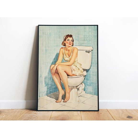 369 Prints Bathroom Wall Art Printable Blue Poster Print Retro Housewife Art Above Wall Decor Fun Sitting On A Print UNFRAMED, 12x18
