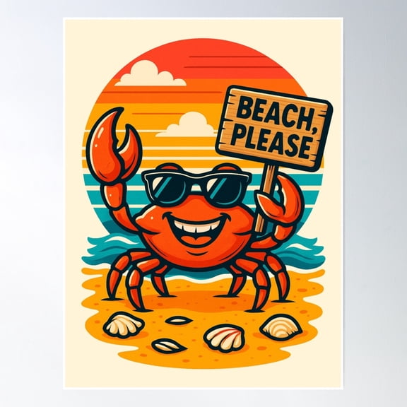 369 Prints Beach, Please! Sass & Sand With Crabitude- No Framed, Vintage Wall Art, Trendy Retro Print, Room Decor, Wall Art UNFRAMED, 12x18