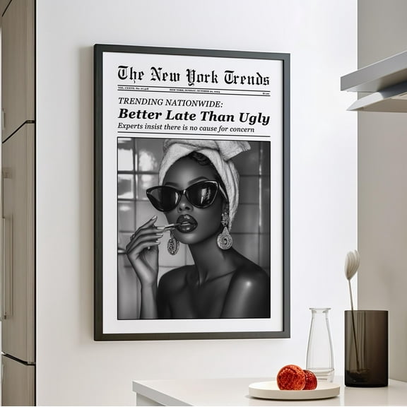 369 Prints Better Late Than Ugly Black Woman Makeup Newspaper Wall Art Poster Vintage Female Bathroom Sign, Retro Trendy Wall Prints UNFRAMED, 24x36
