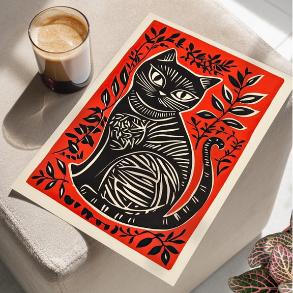 369 Prints Black Cat Illustration Folk Art Linocut Print Style Wall Art Poster Black Cat Red Wall Art, Wood Block Print Style Cat Art UNFRAMED, 8x12