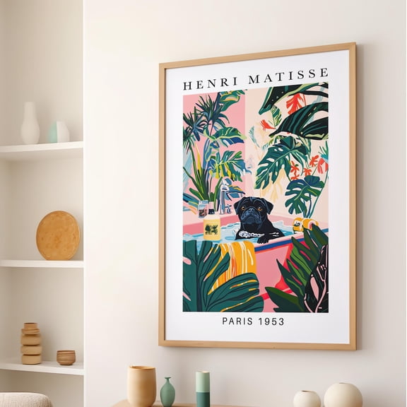 369 Prints Black Pug In Bathtub Wall Art Poster Bathroom Print, Henri Artwork, Maximalist Animal Decor, Whimsy Dog Print UNFRAMED, 8x12