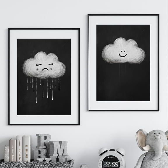 369 Prints Black And White Sad And Happy Clouds Contrast Wall Art Print Or Set, Moody Minimalist Wall Decor, Calming Bed Room Cute And Funny UNFRAMED, 12x18