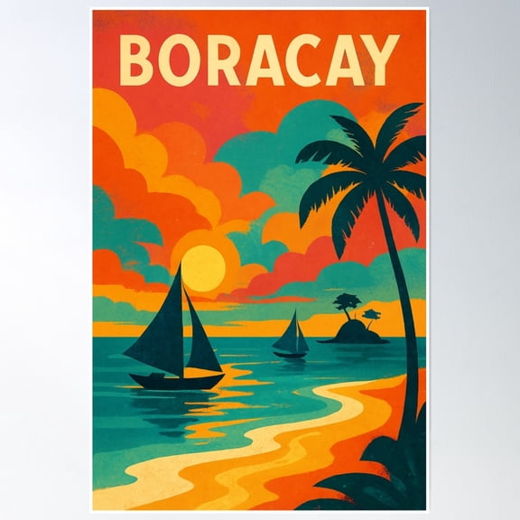 369 Prints Boracay White Beach Philippines Sunset Sailboats- No Framed, Vintage Wall Art, Trendy Retro Print, Room Decor, Wall Art UNFRAMED, 24x36