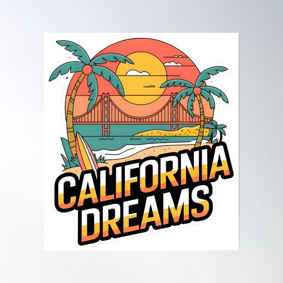 369 Prints California Dreams Beach & City Sticker- No Framed, Vintage Wall Art, Trendy Retro Print, Room Decor, Wall Art UNFRAMED, 8x12