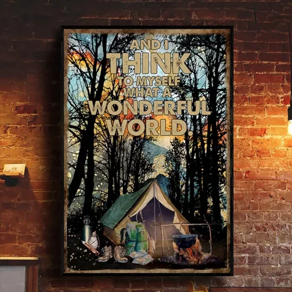 369 Prints Camping And I Think To Myself What A Wonderful World Outdoor Campfire - No Framed, Vintage Wall Art, Trendy Retro Print, Room Decor, Wall Art UNFRAMED, 16x24