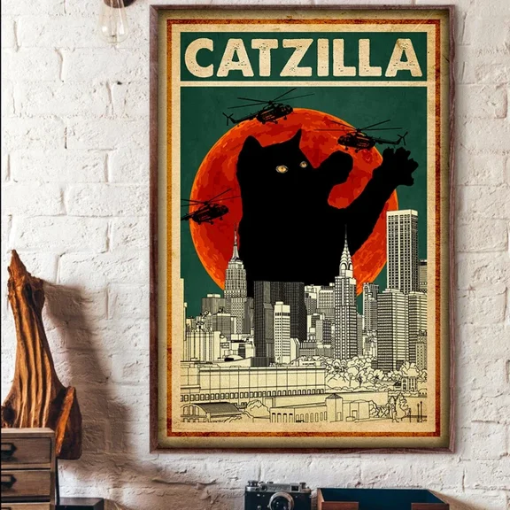 369 Prints Cat City Helicopter Cat Catzilla Cats Red Moon- No Framed, Vintage Wall Art, Trendy Retro Print, Room Decor, Wall Art UNFRAMED, 12x18