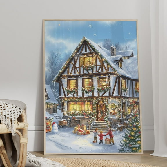 369 Prints Charming Cottage Scene Poster Winter Holiday Wall Art, Snowy Landscape Cottagecore Decor, Holiday Season Print UNFRAMED, 8x12