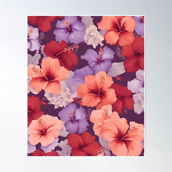 369 Prints Chic Crimson Peach Lavender Hibiscus Pattern- No Framed, Vintage Wall Art, Trendy Retro Print, Room Decor, Wall Art UNFRAMED, 16x24