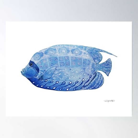 369 Prints Classic Blue And White Batik Emperor Angelfish- No Framed, Vintage Wall Art, Trendy Retro Print, Room Decor, Wall Art UNFRAMED, 8x12