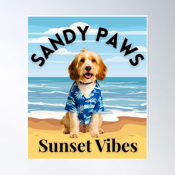 369 Prints Cockapoo Sunset Vibes Tropical Beach Dog In Hawaiian- No Framed, Vintage Wall Art, Trendy Retro Print, Room Decor, Wall Art UNFRAMED, 12x18