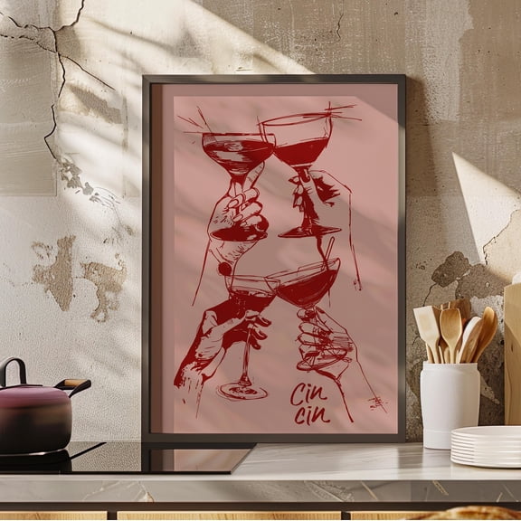 369 Prints Cocktail Glass Cin Cin Red Line Art Print Girl Dinner Print, Retro Cocktail Cheers Drawing, Red Pink Cocktail Poster UNFRAMED, 16x24