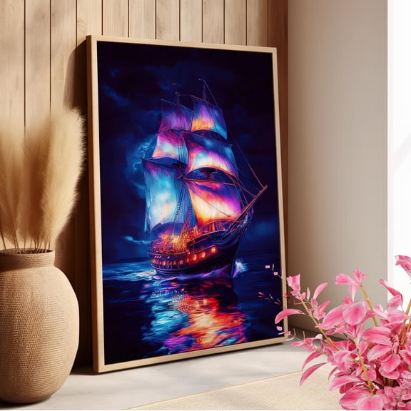 369 Prints Colorful Illuminated Pirate Ship Art Night Scene Poster Surreal Sailing Ship Dreamy Blue Magical Nautical Wall Art UNFRAMED, 24x36