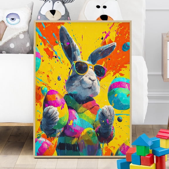369 Prints Cool Easter Bunny With Sunglasses Pop Art Poster Colorful Eggs Print, Bright Modern Holiday Print, Vibrant Animal Portrait UNFRAMED, 12x18