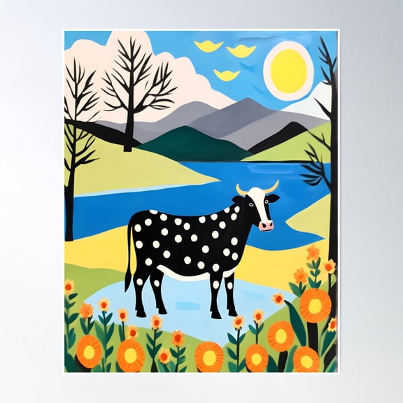 369 Prints Cottagecore Rusty Charm - Playful Cow In Cozy Homestead - Whimsical Indoor - Joyful Cottagecore Artistry - Adorable Cow - Country Living- No Framed UNFRAMED, 24x36