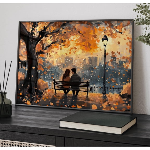 369 Prints Couple On Bench In Autumn Park Abstract Romantic Cityscape Poster Lovers Under The Tree With Fall Foliage Wall Art UNFRAMED, 8x12