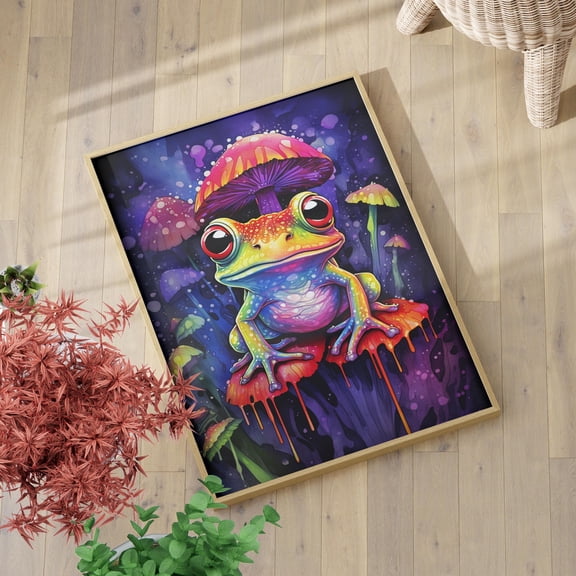 369 Prints Cute And Preppy Neon Colored Mushroom Frog Wall Art Print & Whimsical Colorful Botanical, Mushroom Frog Ink Poster UNFRAMED, 12x18
