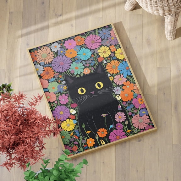 369 Prints Cute And Whimsical Black Cat In The Middle Of A Flower Field Wall Art Print Vibrant Colored Botanical, Gift For Cat Lovers UNFRAMED, 8x12