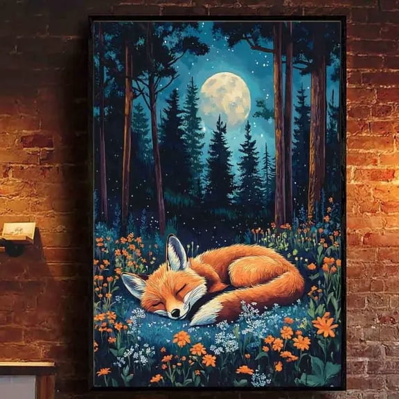369 Prints Cute Fox Sleeping In Night Spring Forest With Many Beautiful Flowers- No Framed, Vintage Wall Art, Trendy Retro Print, Room Decor, Wall Art UNFRAMED, 16x24