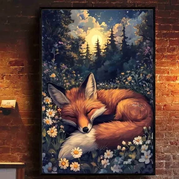 369 Prints Cute Fox Sleeping In Night Spring Forest With Many Beautiful Flowers- No Framed, Vintage Wall Art, Trendy Retro Print, Room Decor, Wall Art UNFRAMED, 24x36