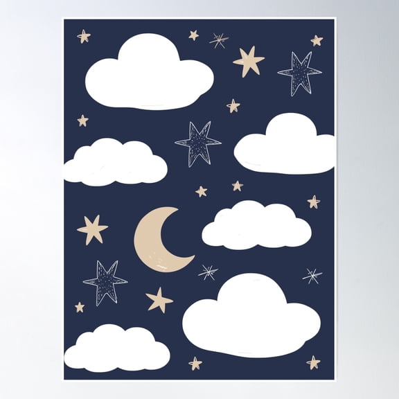 369 Prints Cute Night Sky Pattern - Moon, Clouds & Stars Kids Illustration- No Framed, Vintage Wall Art, Trendy Retro Print, Room Decor, Wall Art UNFRAMED, 24x36