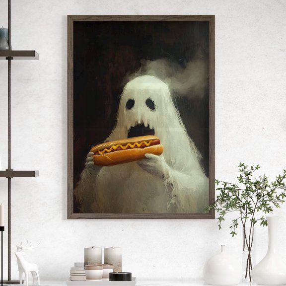 369 Prints Cute Spooky Ghost Eating Hot Dog Oil Poster Vintage Creepy Art Wall Decor, Whimsical Haunted Kitchen Art UNFRAMED, 8x12