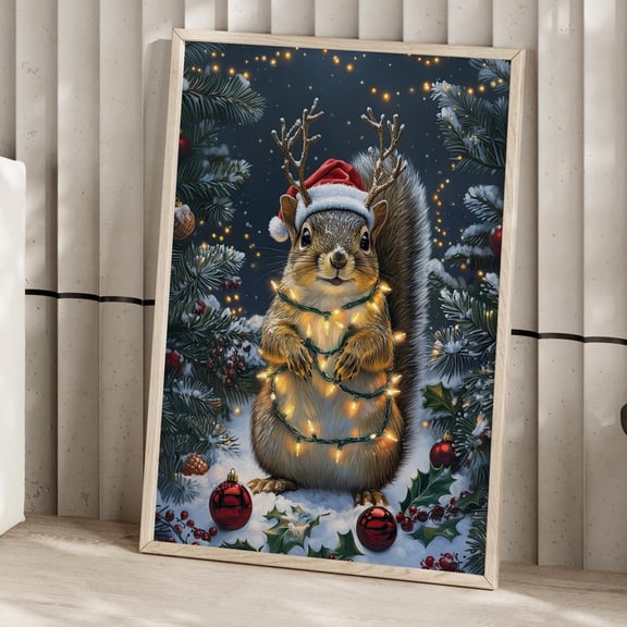 369 Prints Cute Squirrel With Lights Winter Wall Art Poster Squirrel In The Snowy Forest Scene Art Print UNFRAMED, 12x18