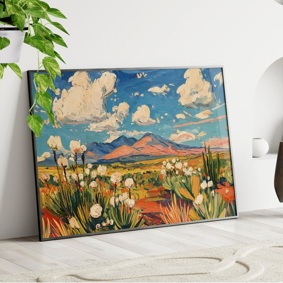 369 Prints Desert Mountains Texas Landscape Oil Poster Floral Botanical Landscape, Vintage Southwestern Nature Home Decor UNFRAMED, 16x24