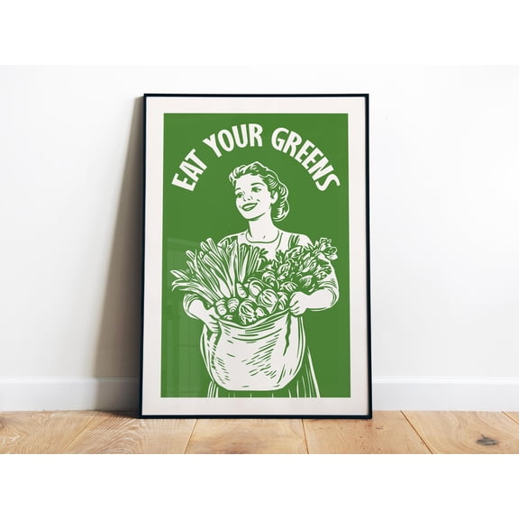 369 Prints Eat Your Greens Art Vegetarian Wall Art Prints Kitchen Art Green Wall Art Vegan Art Retro Cooking Print Eat Vegan Art Vegetables, Poster Only