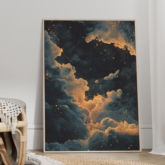 369 Prints Ethereal Dark Night Sky Golden Clouds And Stars Celestial Landscape Poster Vintage Night Art, Whimsigoth Mystical Wall Art UNFRAMED, 16x24