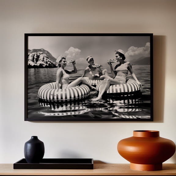 369 Prints Floating Ladies Time Or Poster Print, Women Eating On Water Floaties, Vintage Black And White Art Print, Ocean Art Print UNFRAMED, 12x18