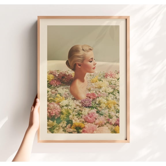 369 Prints Floral Bath Art Print – Vintage Woman In Bathtub, Spa Wall Decor Printable, Relaxing Home Poster, Bathroom Wall Art, Print UNFRAMED, 8x12