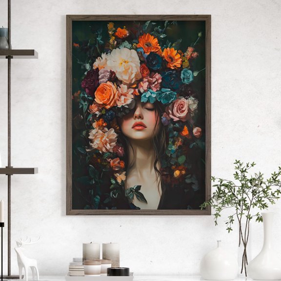 369 Prints Flower Woman Portrait Hyper Realistic Poster Floral Woman Wall Art, Cottagecore Decor, Female Portrait Dark Print UNFRAMED, 8x12