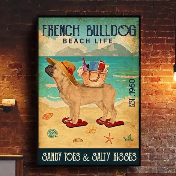 369 Prints French Bulldog Beach Life Sandy Toes And Salty Kisses Summer Beach - No Framed, Vintage Wall Art, Trendy Retro Print, Room Decor, Wall Art UNFRAMED, 8x12