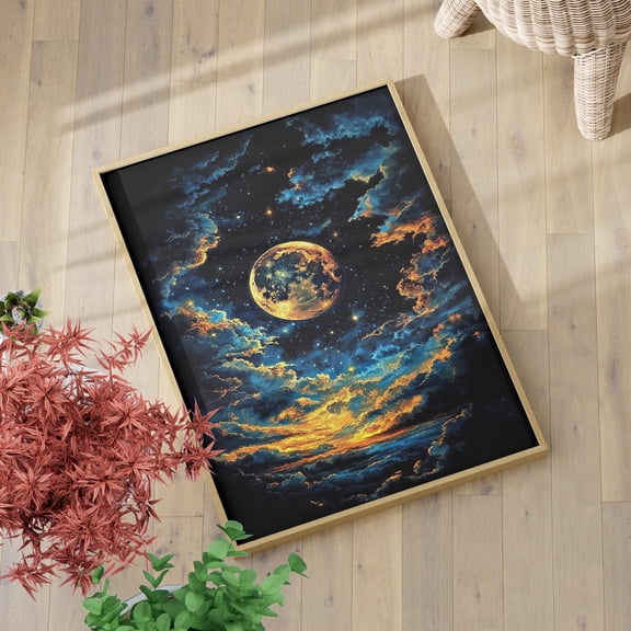 369 Prints Full Moon Over Sunset Vintage Style Ethereal Night Sky Wall Art Poster Starry Night Sky Dark Art Print, Dreamy Night Print UNFRAMED, 12x18