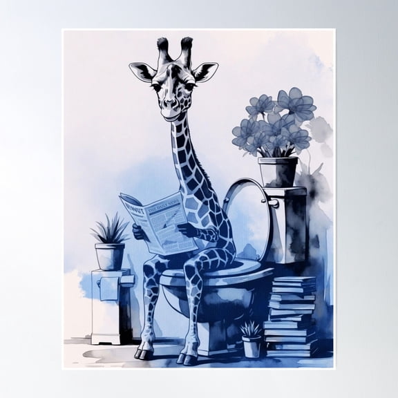 369 Prints Funny Blue Giraffe Bathroom Break- No Framed, Vintage Wall Art, Trendy Retro Print, Room Decor, Wall Art UNFRAMED, 8x12