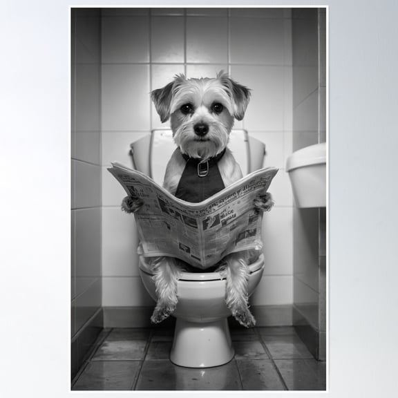 369 Prints Funny Small Dog Reading Newspaper Bathroom Art- No Framed, Vintage Wall Art, Trendy Retro Print, Room Decor, Wall Art UNFRAMED, 8x12