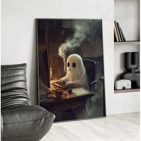 369 Prints Ghost At Computer Desk Working While Smoking Vintage Art Print Poster Vintage Ghost Office Art, Spooky Art Decor UNFRAMED, 16x24