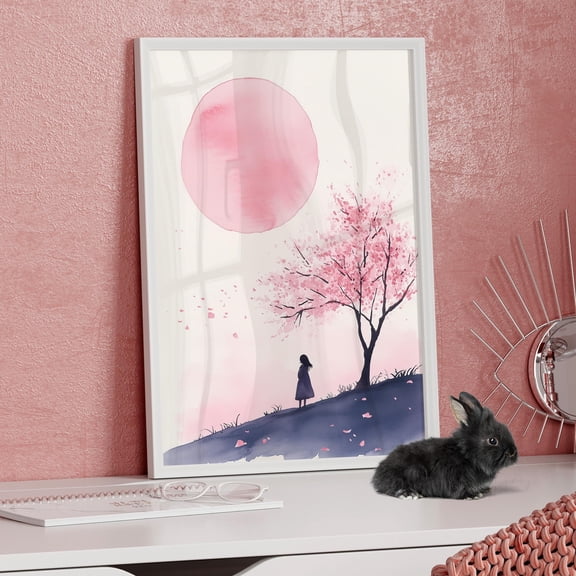369 Prints Girl Under Cherry Blossom Tree Art Twilight Art Poster Peaceful Romantic Wall Art, Minimalist Japanese Poster UNFRAMED, 8x12