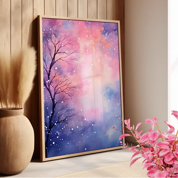 369 Prints Glittering Snowy Night Skies With Cotton Candy Colored Clouds Art Print Girly Room Decor Celestial Modern And Neutral Water Color UNFRAMED, 8x12