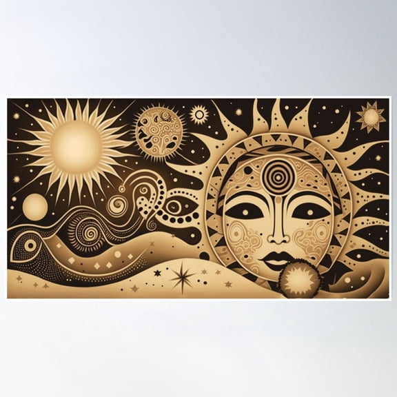 369 Prints Golden Celestial Whimsy: Sun Face In Shimmering Shades- No Framed, Vintage Wall Art, Trendy Retro Print, Room Decor, Wall Art UNFRAMED, 8x12