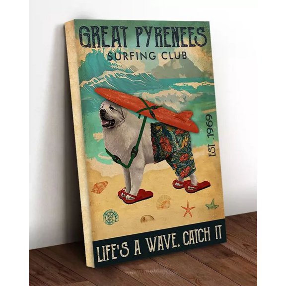 369 Prints Great Pyrenees Dog Surfing Club Life'S A Wave Catch It Surfer Dogs Beach - No Framed, Vintage Wall Art, Trendy Retro Print, Room Decor, Wall Art UNFRAMED, 8x12