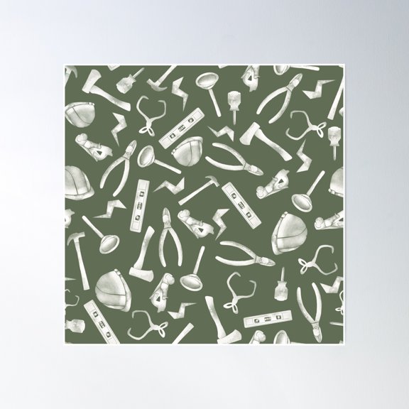 369 Prints Green Watercolor Tradesman Construction Tools Pattern- No Framed, Vintage Wall Art, Trendy Retro Print, Room Decor, Wall Art UNFRAMED, 8x12