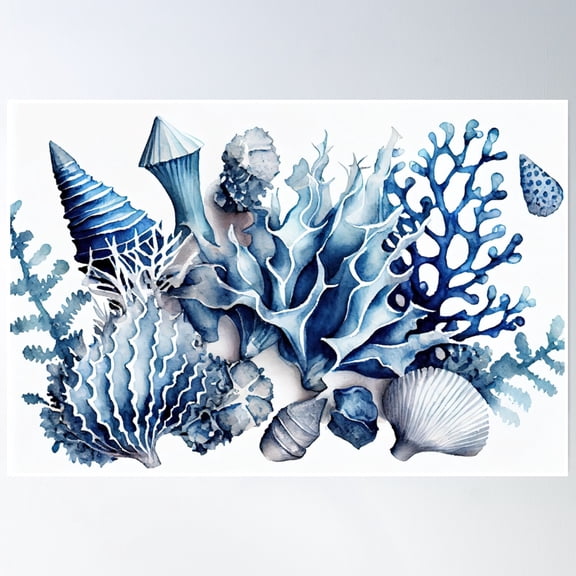 369 Prints Hamptons Seaside Treasures - Watercolor Blue Shells- No Framed, Vintage Wall Art, Trendy Retro Print, Room Decor, Wall Art UNFRAMED, 8x12