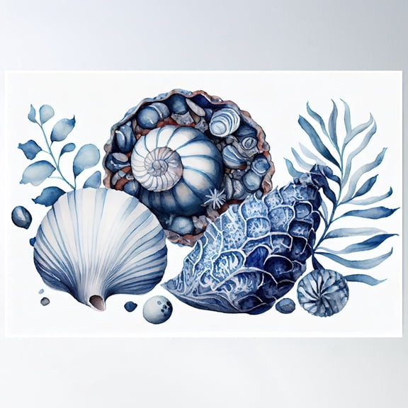 369 Prints Hamptons Seaside Treasures - Watercolor Blue Shells- No Framed, Vintage Wall Art, Trendy Retro Print, Room Decor, Wall Art UNFRAMED, 8x12