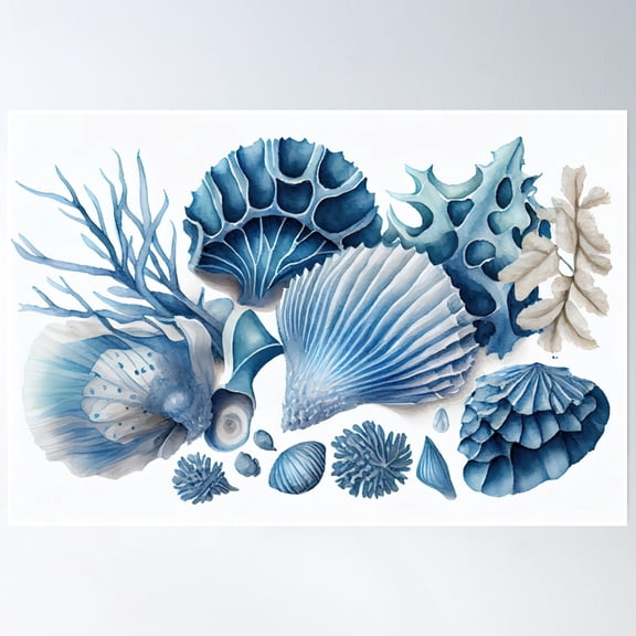 369 Prints Hamptons Seaside Treasures - Watercolor Blue Shells- No Framed, Vintage Wall Art, Trendy Retro Print, Room Decor, Wall Art UNFRAMED, 8x12