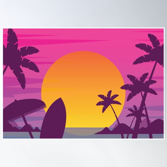 369 Prints Hawaiian Island Sunset - Rainbow Tropical Palm Trees Vintage View- No Framed, Vintage Wall Art, Trendy Retro Print, Room Decor, Wall Art UNFRAMED, 16x24