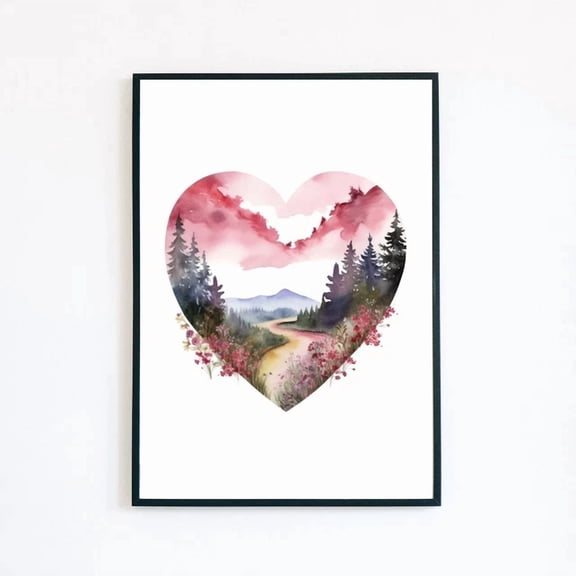 369 Prints Heart Forest Landscape Watercolour Flower Illustration - No Framed, Vintage Wall Art, Trendy Retro Print, Room Decor, Wall Art UNFRAMED, 8x12