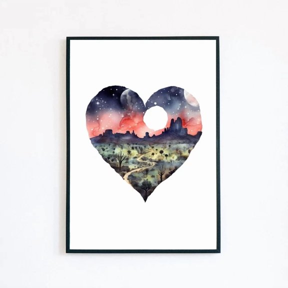 369 Prints Heart Landscape Mountain Sky Watercolour Illustration - No Framed, Vintage Wall Art, Trendy Retro Print, Room Decor, Wall Art UNFRAMED, 24x36